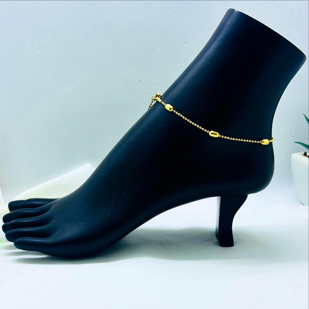 Stainless Steel Gold Plated Oval Beaded Anklet - Picture 4 of 13